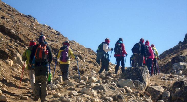 A group are walking at Everest base camp trek